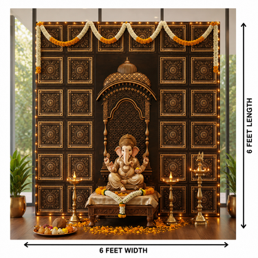 Premium Black & Antique Gold Ganpati Mandap Backdrop 6×6 Ft | Ganesh Chaturthi Decoration