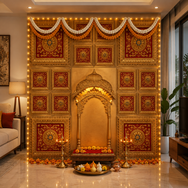 Traditional Red & Antique Gold Ganpati Mandap Backdrop 6×6 Ft | Ornate Jali Arch Decorative Panels | Ganesh Chaturthi Decoration
