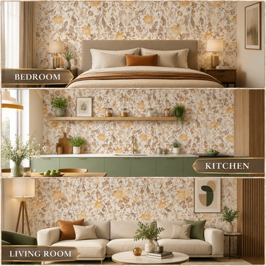 Yellow Flower Non-Adhesive Wallpaper 50 Sq.Ft Installed on Bedroom Wall – Nidhi Decor Mumbai