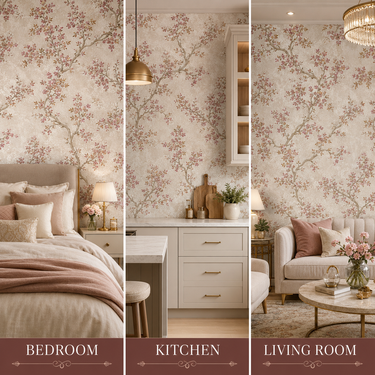 Pink Tree Non-Adhesive Wallpaper 50 Sq.Ft Installed on Bedroom Wall – Nidhi Decor Mumbai