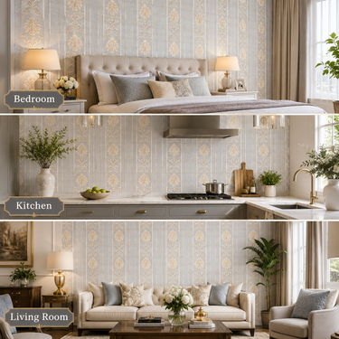 Royal Gold Non-Adhesive Wallpaper 50 Sq.Ft Installed on Living Room Wall – Nidhi Decor Mumbai