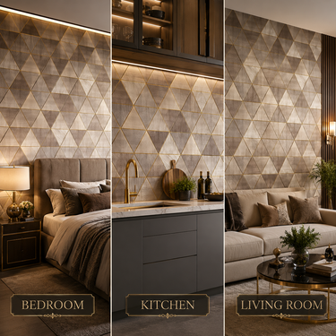 Brown Triangle Non-Adhesive Wallpaper 50 Sq.Ft Installed on Living Room Wall – Nidhi Decor Mumbai