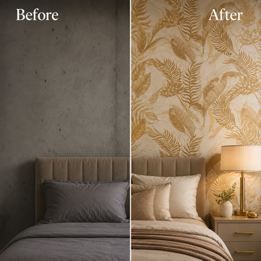 Golden Leaves Non-Adhesive Wallpaper 50 Sq.Ft Installed on Living Room Wall – Nidhi Decor Mumbai