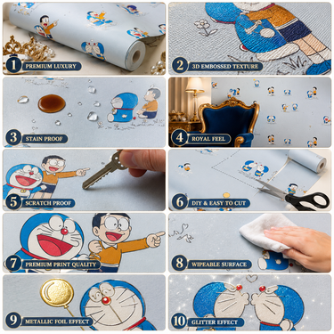 Nidhi Decor Blue Cartoon Wallpaper Close-Up – Fun Pattern 50 Sq.Ft Roll for Kids Room India
