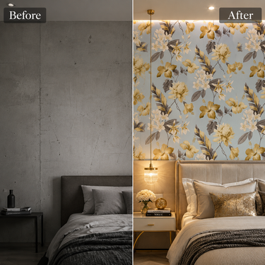 Blue Yellow Flower Peel & Stick Wallpaper on Living Room Feature Wall – Nidhi Decor Mumbai