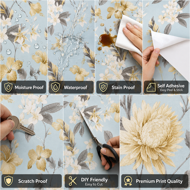 Self Adhesive Blue Yellow Flower Wallpaper Room Setting – Nidhi Decor Mumbai India