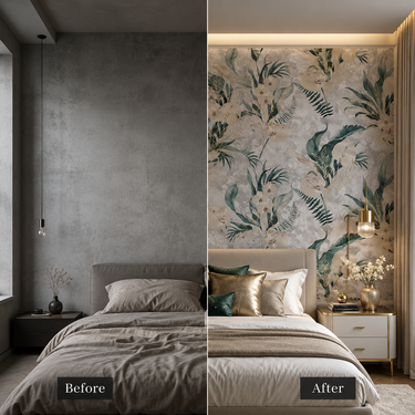 Flower Leaf Non-Adhesive Wallpaper 50 Sq.Ft Installed on Living Room Wall – Nidhi Decor Mumbai