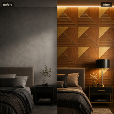 Plaina Metallic Wood Copper 3D PVC Wall Panel Installed on Feature Wall – Nidhi Decor Mumbai