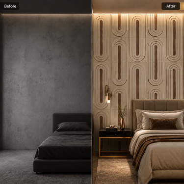Loopa Mega Graige Copper 3D PVC Wall Panel Installed on Feature Wall – Nidhi Decor Mumbai