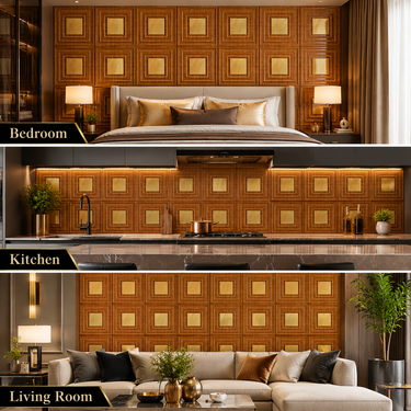 Nidhi Decor Teak Wood Gold Panel Close-Up – Warm Wood & Gold 3D Pattern India