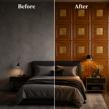 Teak Wood Gold 3D PVC Wall Panel Installed on Feature Wall – Nidhi Decor Mumbai Home Decor