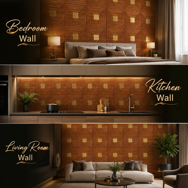 Self Adhesive Teak Wood Gold 3D PVC Wall Panel 1.5x1.5 ft | Peel & Stick