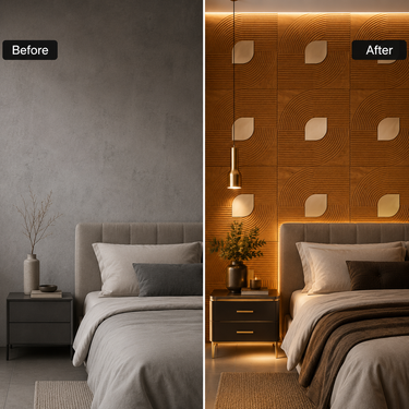 Golden Crescent Teak Wood Spiral 3D Panel Installed on Feature Wall – Nidhi Decor Mumbai