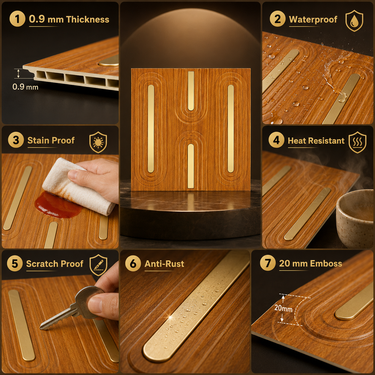 Nidhi Decor Loopa Teak Wood Gold Panel Close-Up – Teak & Gold 3D Pattern India