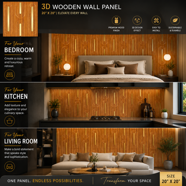 Non Self Adhesive Loopa Teak Wood Gold 3D Panel Room Setting – Nidhi Decor Mumbai