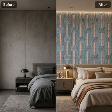 Teal Gold 3D PVC Wall Panel Installed on Feature Wall – Nidhi Decor Mumbai Home Decor