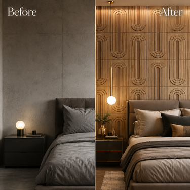 Loopa Beech Wood Gold 3D PVC Wall Panel Installed on Feature Wall – Nidhi Decor Mumbai