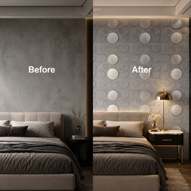 White Silver Moon 3D Acrylic-Coated PVC Wall Panel Installed on Feature Wall – Nidhi Decor Mumbai