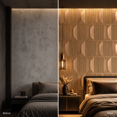 Beech Wood 3D Acrylic-Coated PVC Wall Panel Installed on Feature Wall – Nidhi Decor Mumbai
