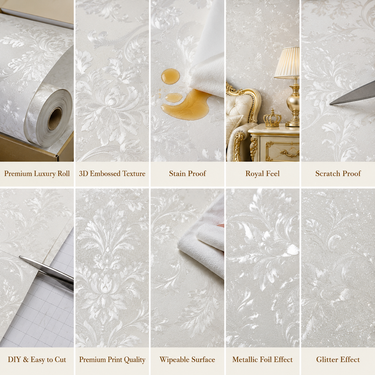 White Royal Damask Wallpaper Room Mockup | Living Room Wall Decor | Nidhi Decor Mumbai