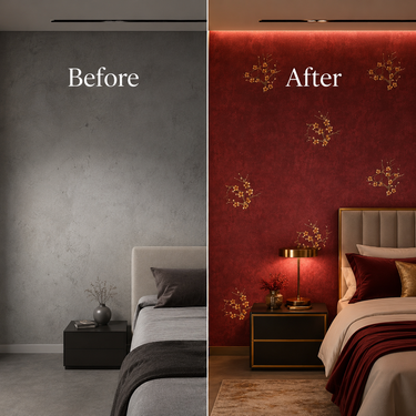 Red Chinese Pattern Non-Adhesive Wallpaper 50 Sq.Ft Installed on Feature Wall – Nidhi Decor Mumbai