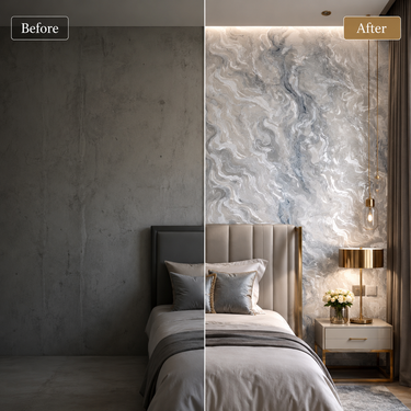 White Blue Abstract Non-Adhesive Wallpaper 50 Sq.Ft Installed on Living Room Wall – Nidhi Decor Mumbai
