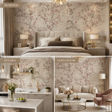 Pink Cherry Blossom Wallpaper Close-Up Floral Pattern | Non-Adhesive Wall Decor | Nidhi Decor Mumbai