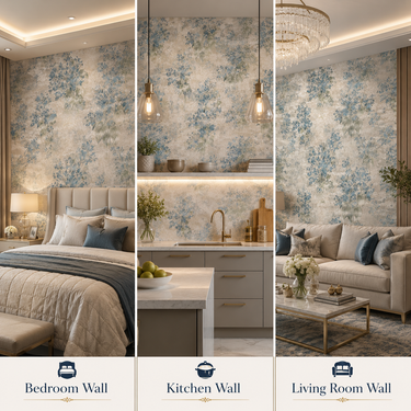 Blue Floral Wallpaper Close-Up Coastal Garden Pattern | Non-Adhesive Wall Decor | Nidhi Decor Mumbai