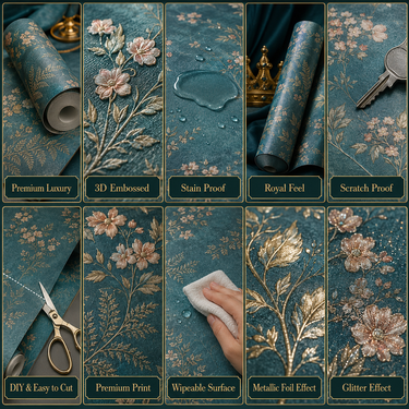 Non Self Adhesive Dark Teal Floral 58 SQFT Wallpaper