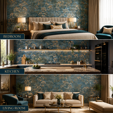 Non Self Adhesive Dark Teal Floral 58 SQFT Wallpaper