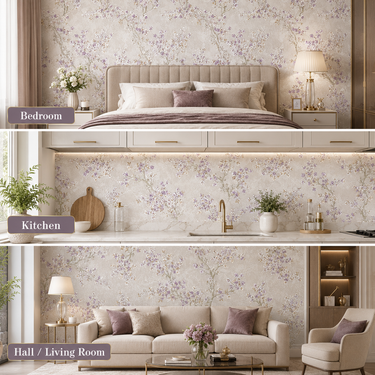 Modern Botanical Purple Leaf Wallpaper Room View | Bedroom Wall Decor | Nidhi Decor Mumbai
