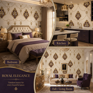 Regal Purple Damask Wallpaper Room Mockup | Living Room Wall Decor | Nidhi Decor Mumbai