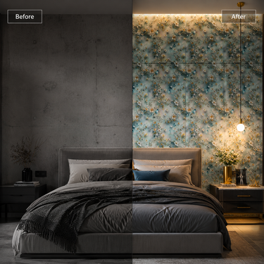 Before & After Bedroom Wall Transformation with Teal Floral PVC Foam Sheet ND-173 – Nidhi Decor Mumbai India