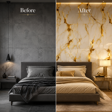 Before & After Bedroom Wall Transformation with Gold Marble PVC Foam Sheet ND-053 – Nidhi Decor Mumbai India