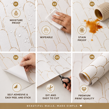 Self Adhesive White Gold Oval Wallpaper 10m x 18in | Elegant Geometric Wall Decor