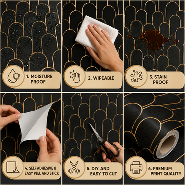 Self Adhesive Black Gold Oval Wallpaper 10m x 18in | Luxury Geometric Wall Decor
