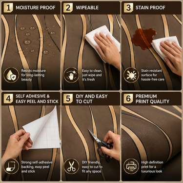 Self Adhesive Brown Curved Line Wallpaper 10m x 18in | Modern Wave Wall Decor