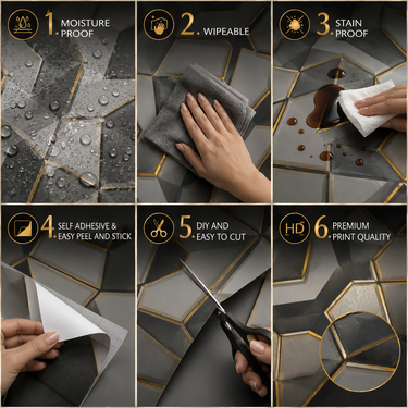 Self Adhesive 3D Dark Hexagon Wallpaper 10m x 18in | Luxury Gilded Texture Decor