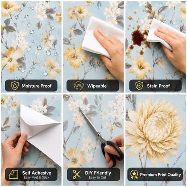 Self Adhesive Blue Yellow Flower Wallpaper 10m x 18in | Vibrant Floral Wall Decor