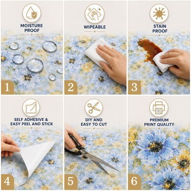 Self Adhesive Yellow Blue Flower Wallpaper 10m x 18in | Sunny Floral Wall Decor