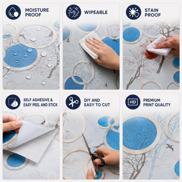 Self Adhesive White Blue Circle Wallpaper 10m x 18in | Modern Coastal Wall Decor