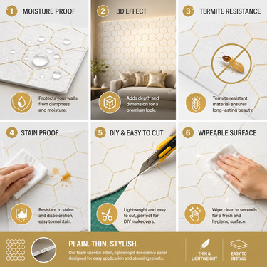 Self Adhesive Hexagon Gold Design 2.25x2.25 ft Textured Foam Sheet | 5 Sq.Ft Coverage