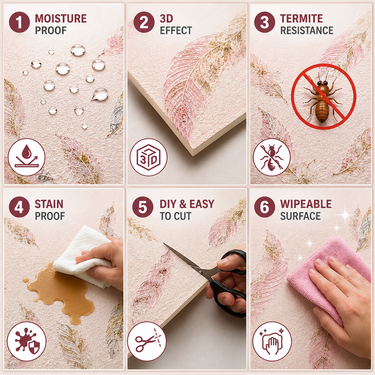 Self Adhesive Pink Feather Design 2.25x2.25 ft Textured Foam Sheet | 5 Sq.Ft Coverage