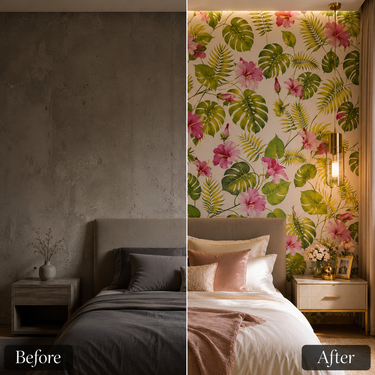 Pink Floral Peel & Stick Wallpaper on Bedroom Feature Wall – Nidhi Decor Mumbai