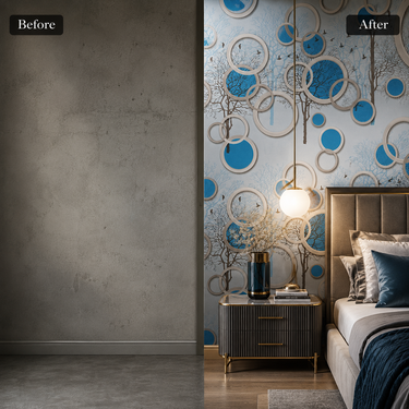 White Blue Circle Peel & Stick Wallpaper on Living Room Accent Wall – Nidhi Decor Mumbai