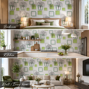 Nidhi Decor White Green Square Wallpaper Close-Up – Clean Geometric Pattern India