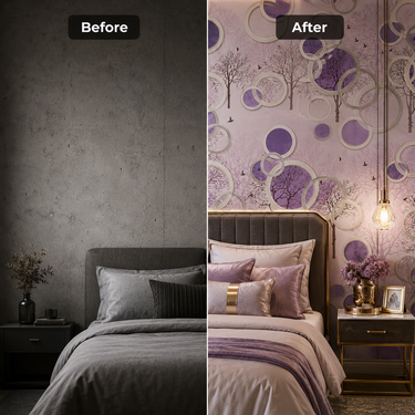 White Purple Circle Peel & Stick Wallpaper on Bedroom Accent Wall – Nidhi Decor Mumbai