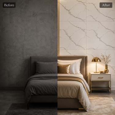 Before & After Bedroom Wall Transformation with White Marble PVC Foam Sheet ND-007 – Nidhi Decor Mumbai India