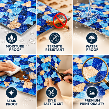 Self Adhesive Blue Aqua Gold Mosaic PVC Foam Wall Sheet 2x2 ft (ND-105) | 2mm Damp-Proof Wall Decor (Minimum 5 Quantity)