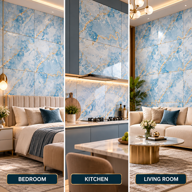 Self Adhesive Sky Blue Gold Marble PVC Foam Wall Sheet 2x2 ft (ND-105) | 2mm Damp-Proof Wall Decor (Minimum 5 Quantity)